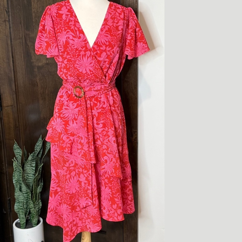 Sofia Vergara Women’s midi dress tea length Size M tropical print belted - Picture 1 of 6